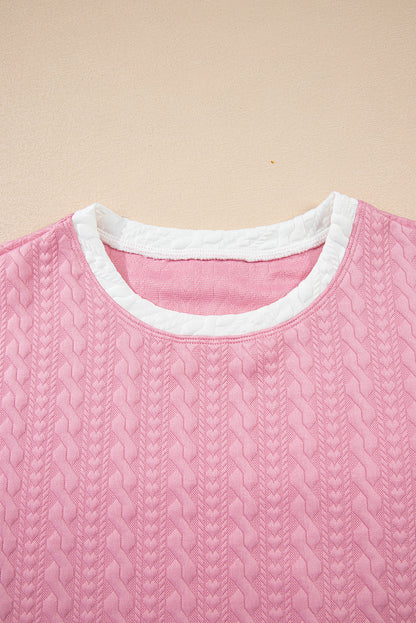 Pink Contrast Trim Textured Crewneck Tee and Pocketed Skirt Set