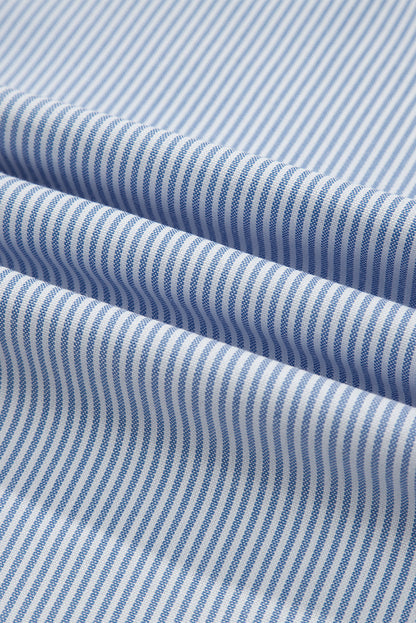 Sky Blue Stripe Floral Lace Splicing Puff Sleeve Blouse