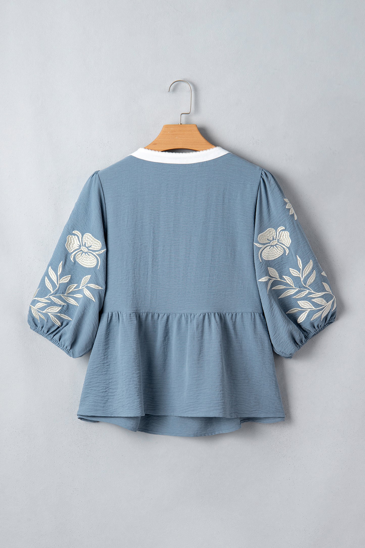 Myosotis Color Block Patchwork V Neck Embroidered Puff Sleeve Babydoll Blouse
