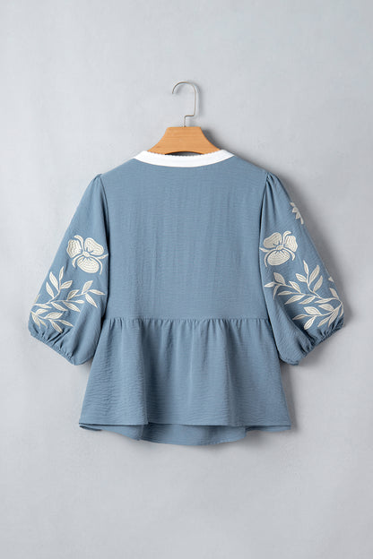 Myosotis Color Block Patchwork V Neck Embroidered Puff Sleeve Babydoll Blouse