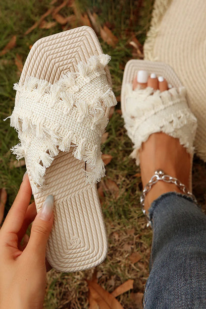 Beige Tassel Woven Crossed Straps Flat Slippers - Chic Meadow Boutique 