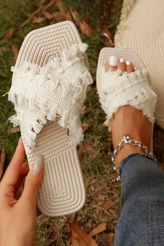 Beige Tassel Woven Crossed Straps Flat Slippers - Chic Meadow Boutique 