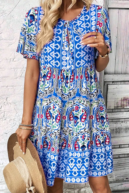 Sky Blue Bohemian Print Tie Neck Ruffle Hem Short Dress - Chic Meadow Boutique 