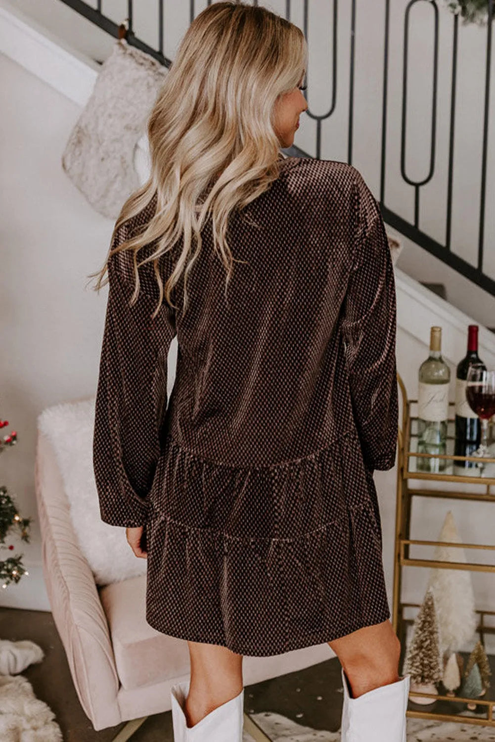 Dark Brown Textured Velvet V Neck Shift Dress - Chic Meadow Boutique 