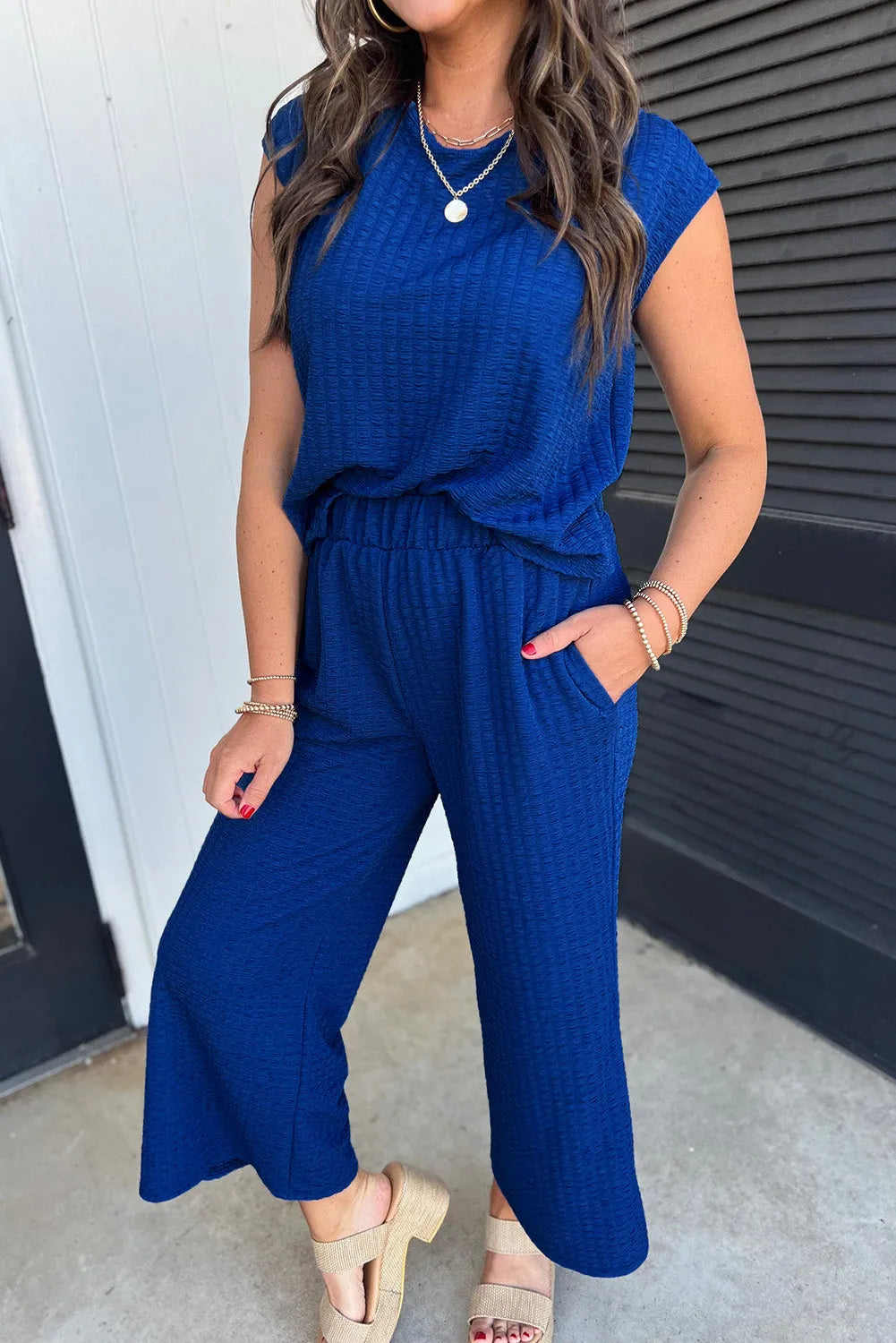 Sky Blue Textured Knit Cap Sleeve T Shirt and Wide Leg Pants Set - Chic Meadow Boutique 