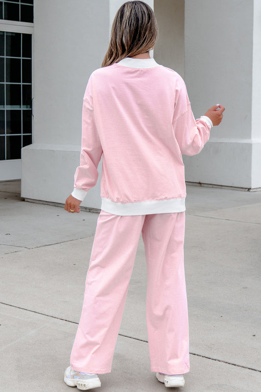 Pink Stripe Color Block Trim Mock Neck Pullover Drawstring Pants Casual Outfit