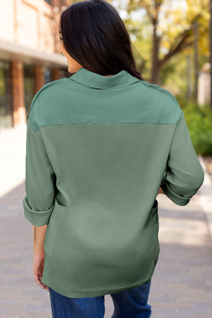 Smoke Green Waffle Long Sleeve Collar Half Button Loose Top