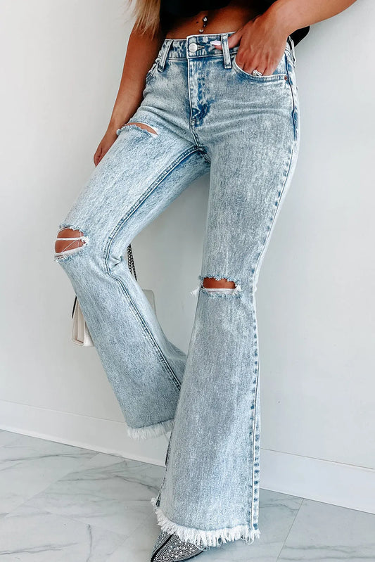 Sky Blue Distressed Acid Wash Flare Jeans - Chic Meadow Boutique 