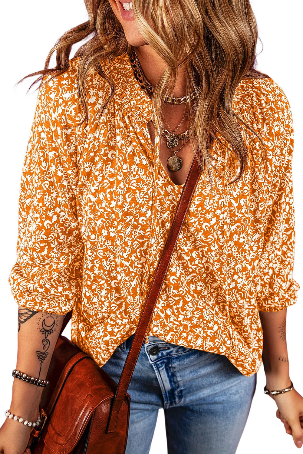 Russet Orange Floral Print Smocked Tie Neck Blouse - Chic Meadow Boutique 