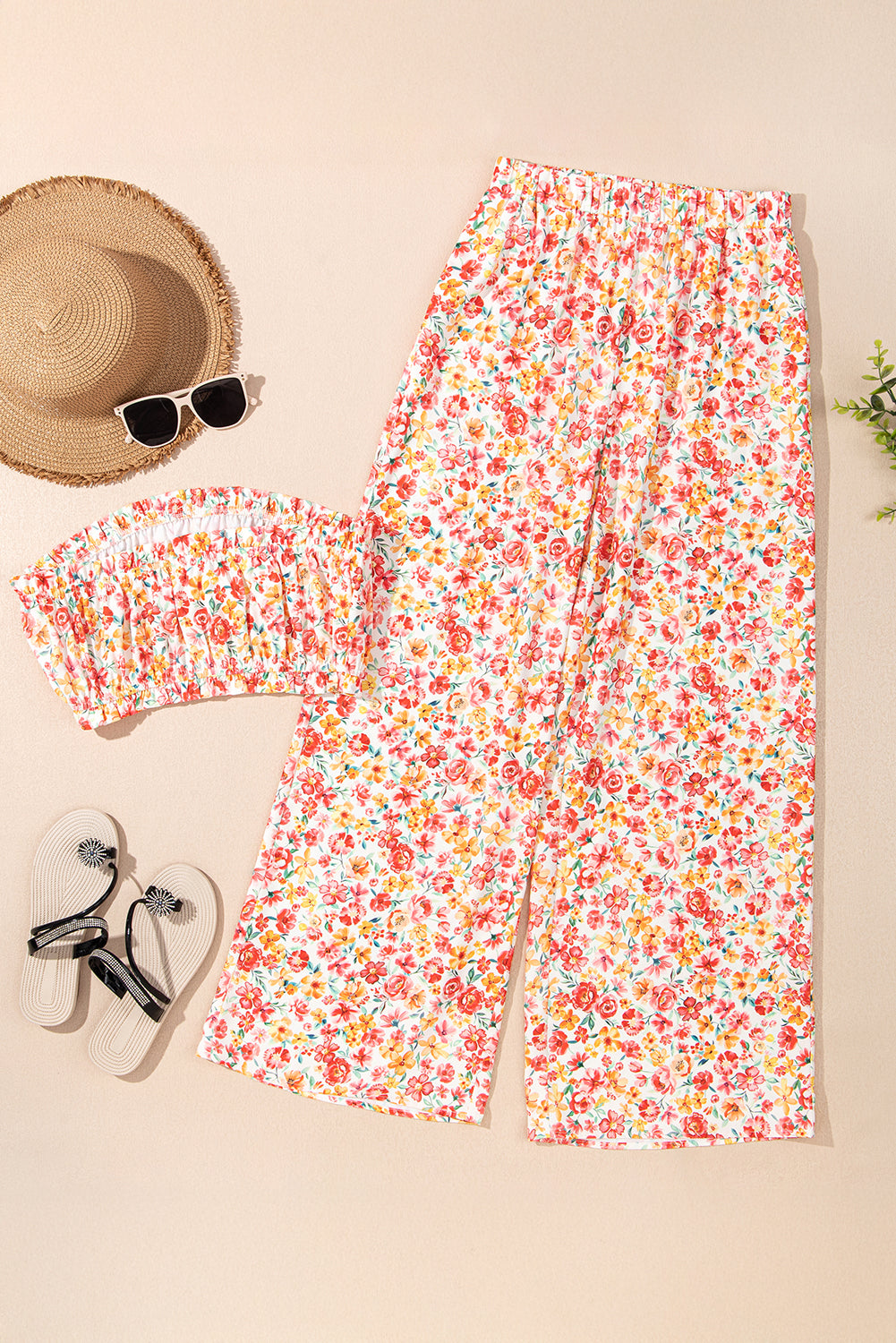 Pink Boho Floral Bandeau Top and High Waist Wide Leg Pants Set