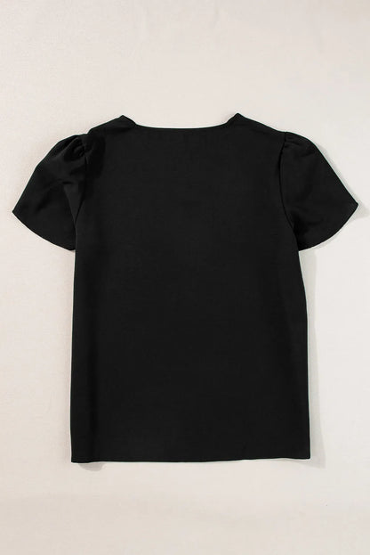 Black Scalloped V Neckline Petal Sleeve Top - Chic Meadow Boutique 