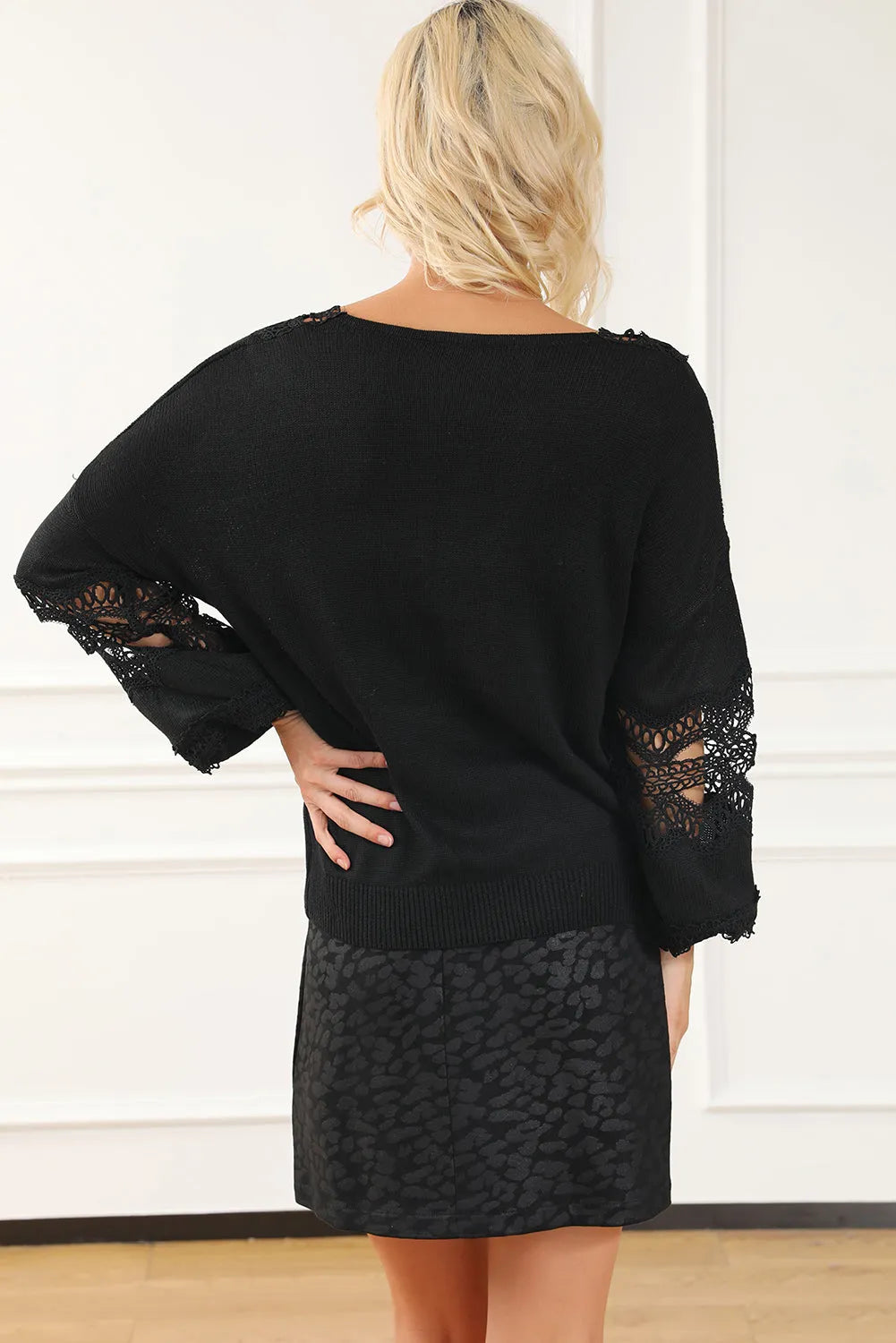 Black Hollowed Lace Splicing V Neck Loose Sweater - Chic Meadow Boutique 