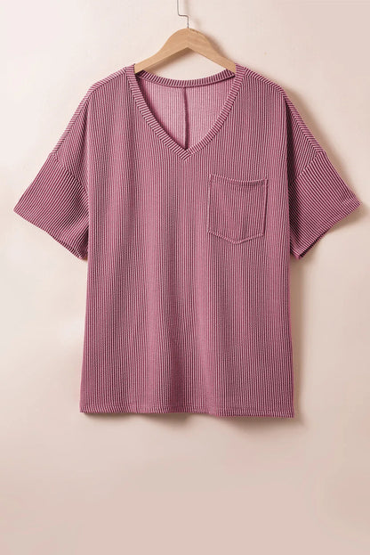 Rose Pink Textured V-Neck Dropped Shoulder Plus T-Shirt - Chic Meadow Boutique 