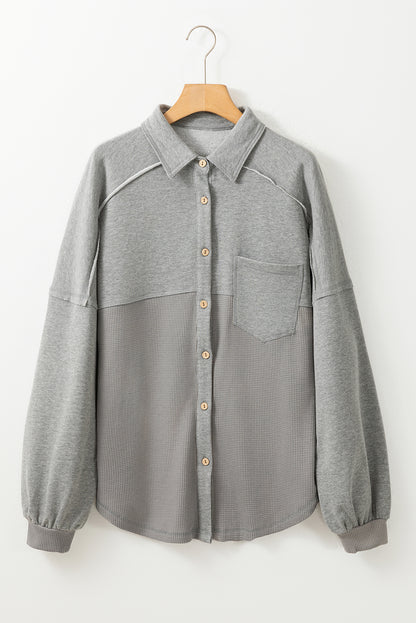 Medium Grey Waffle Knit Patchwork Exposed Seam Loose Shacket