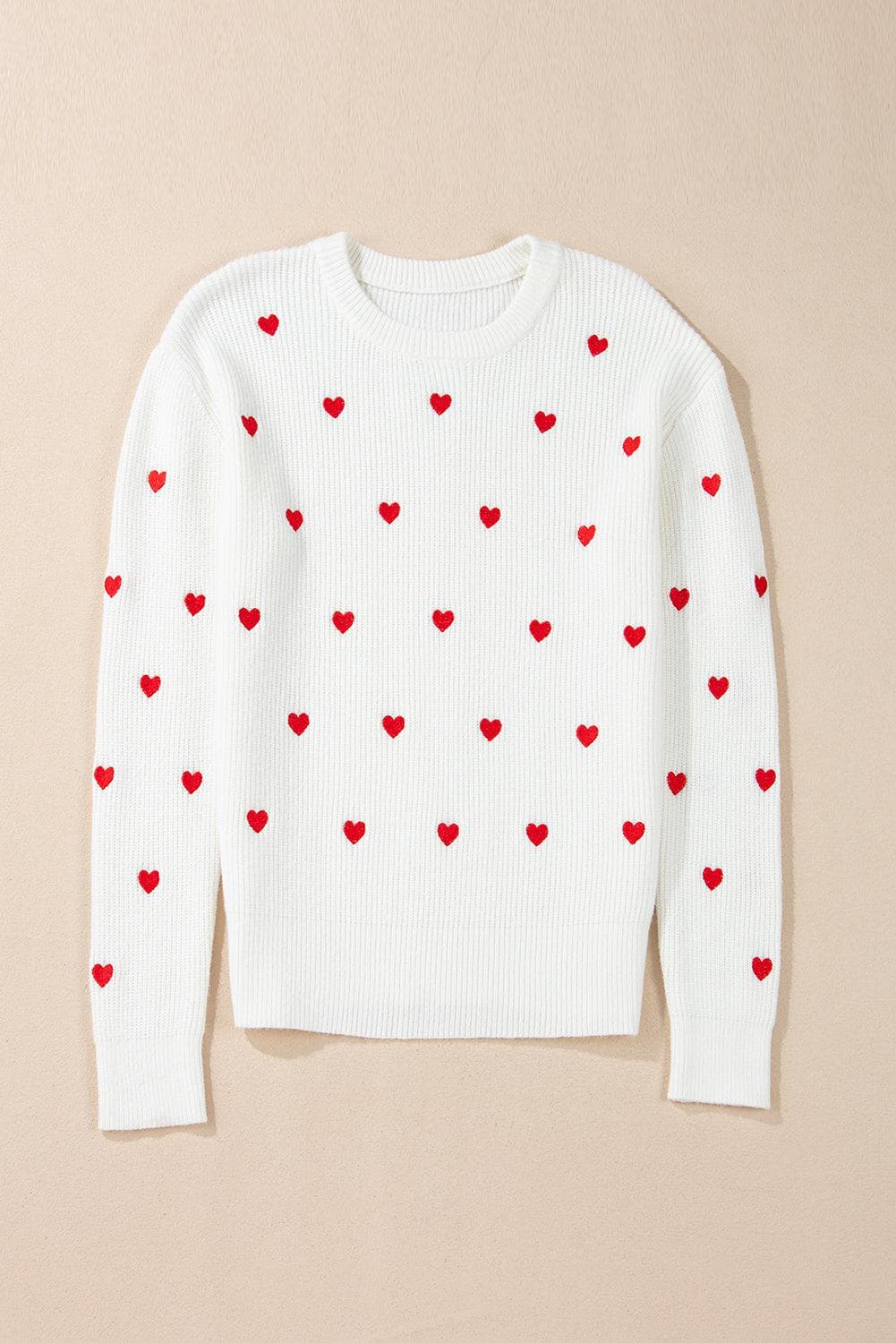 Sweaters & Cardigans/Sweaters White Heart Shape Drop Shoulder Round Neck Sweater