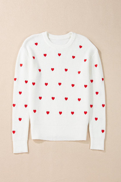 Sweaters & Cardigans/Sweaters White Heart Shape Drop Shoulder Round Neck Sweater