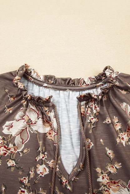 Khaki Retro Floral Print Tassel Tie Split Neck Short Sleeve Blouse