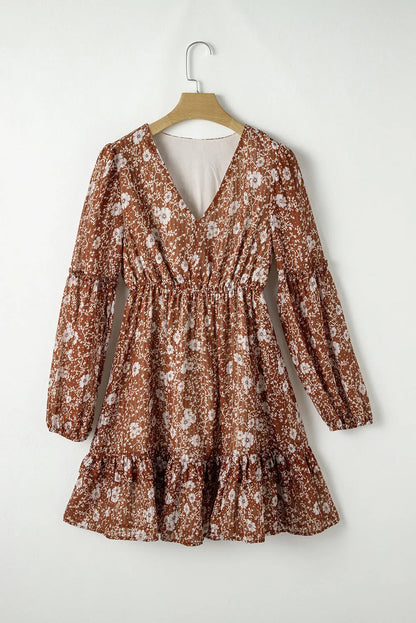 Brown Boho Floral Ruffled Puff Sleeve V Neck Mini Dress - Chic Meadow Boutique 