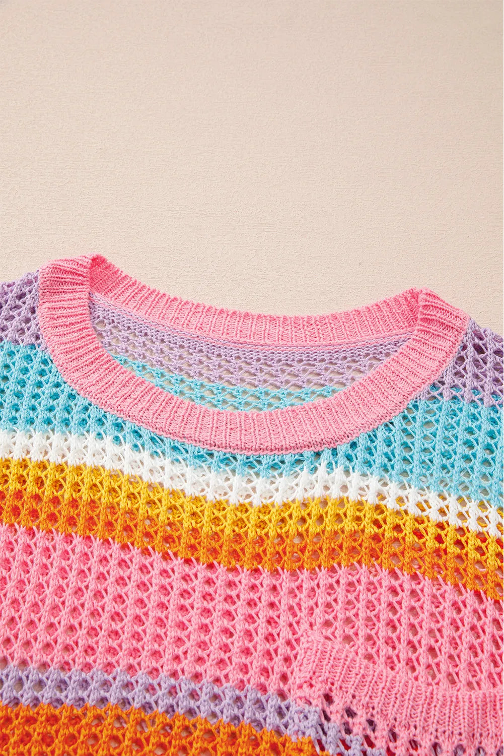 Pink Stripe Plus Size Open Knit Patch Pocket Short Sleeve Sweater - Chic Meadow Boutique 