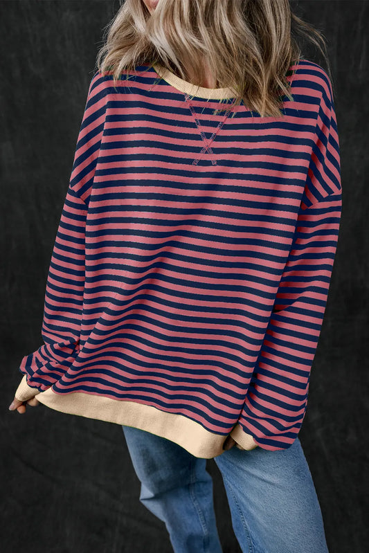 Red Stripe Oversized Contrast Trim Pullover Sweatshirt - Chic Meadow Boutique 