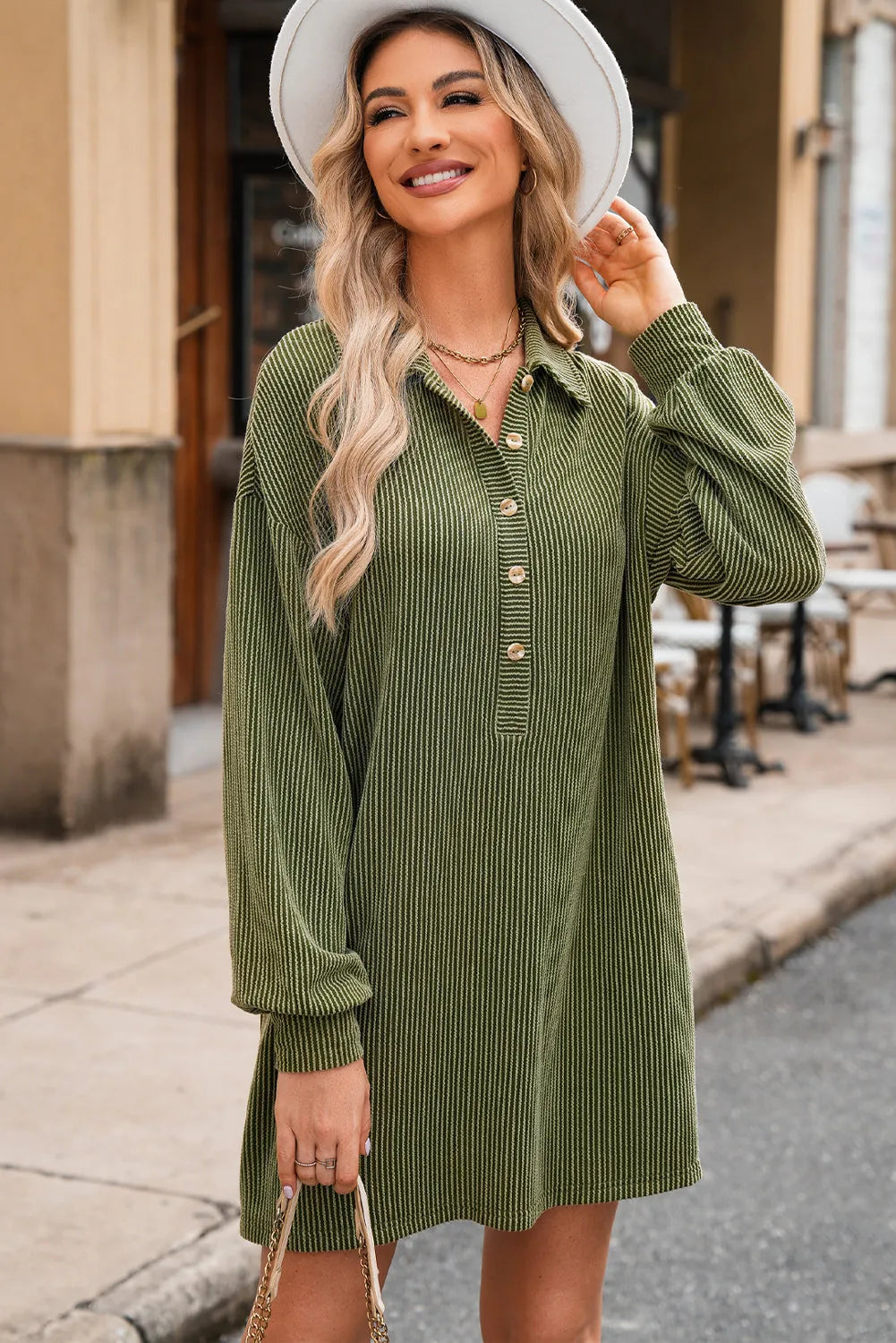 Moss Green Corded Buttons Placket Drop Shoulder Collared Shift Dress - Chic Meadow Boutique 