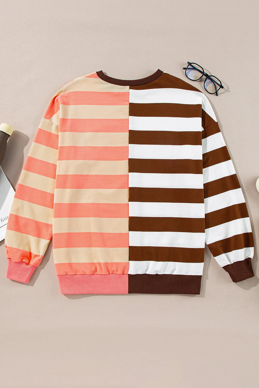 Brown Stripe Color Block Drop Shoulder Pullover Sweatshirt - Chic Meadow Boutique 