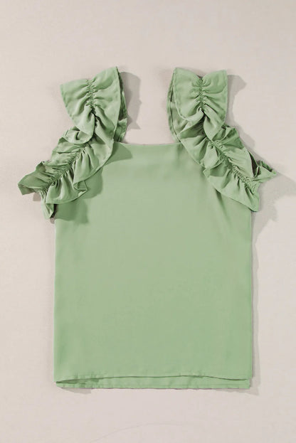 Smoke Green Solid Ruffle Trim Sleeveless Top - Chic Meadow Boutique 