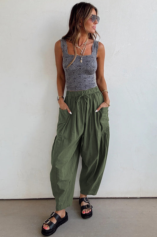 Jungle Green Drawstring Elastic Waist Patch Pocket Barrel Leg Casual Pants