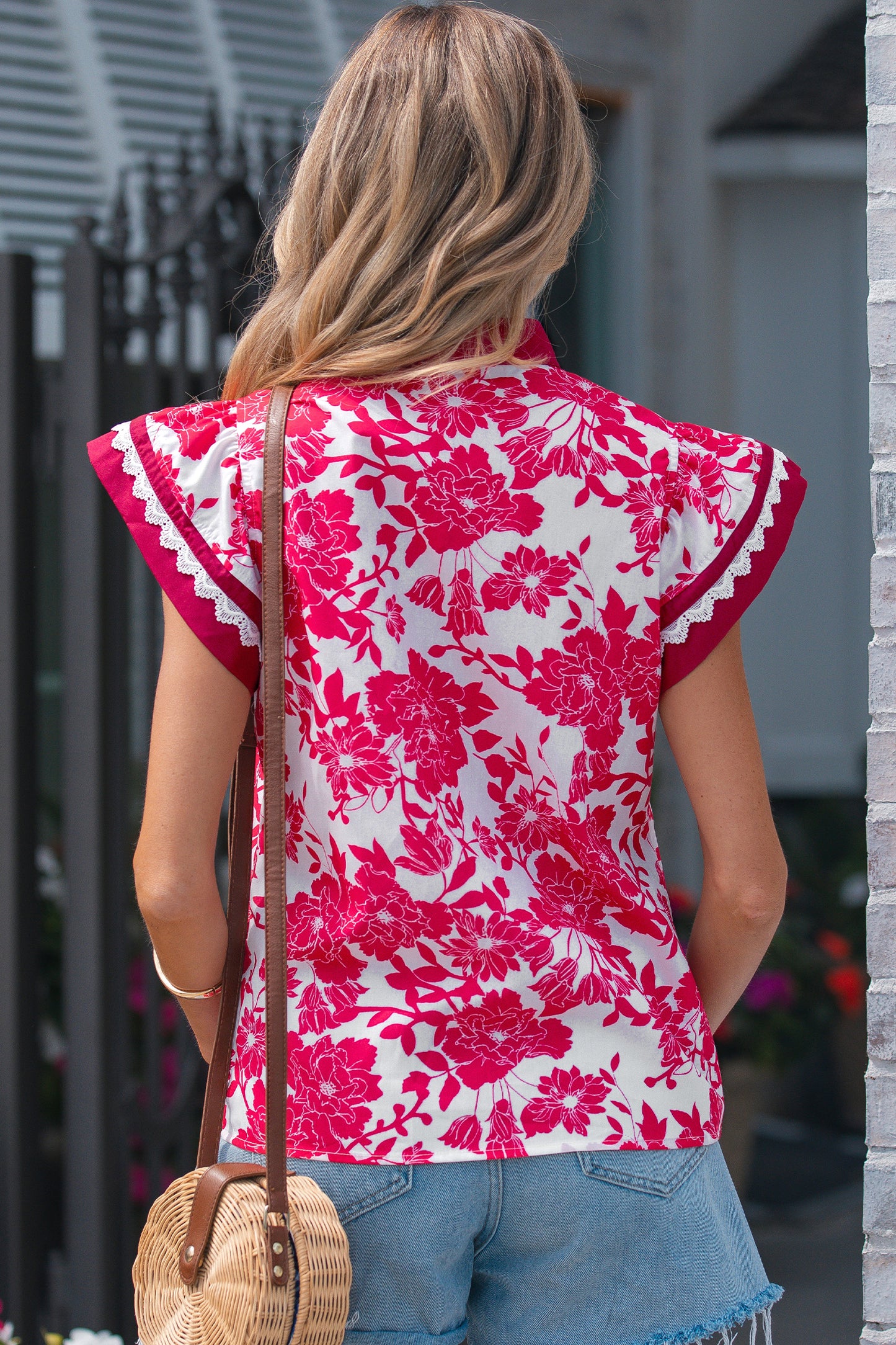 Red Floral Print Color Block Trim Lace Detail V Neck Flutter Sleeve Blouse