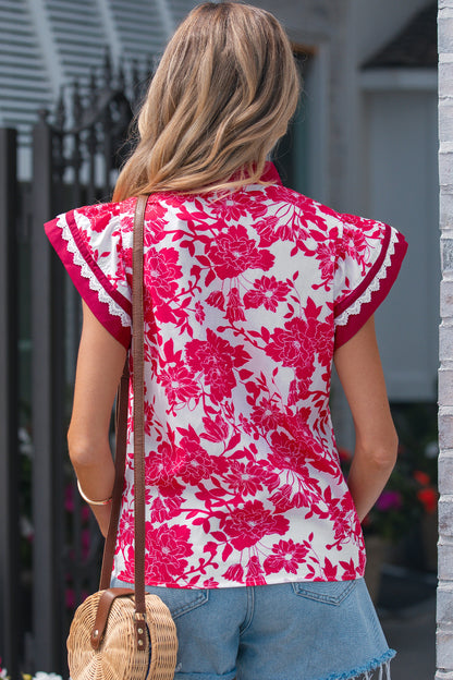 Red Floral Print Color Block Trim Lace Detail V Neck Flutter Sleeve Blouse