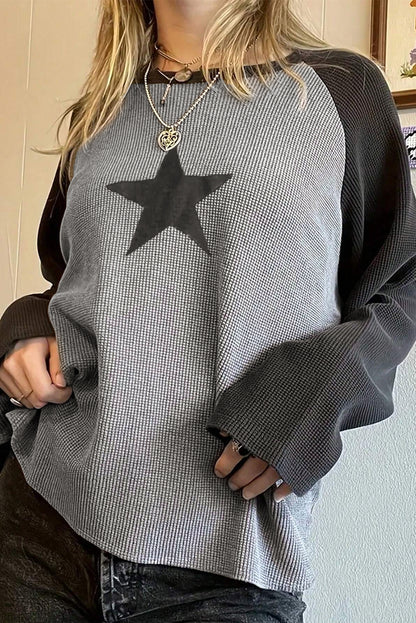 High Waffle Knit Colorblock Star Patch Graphic Raglan Top