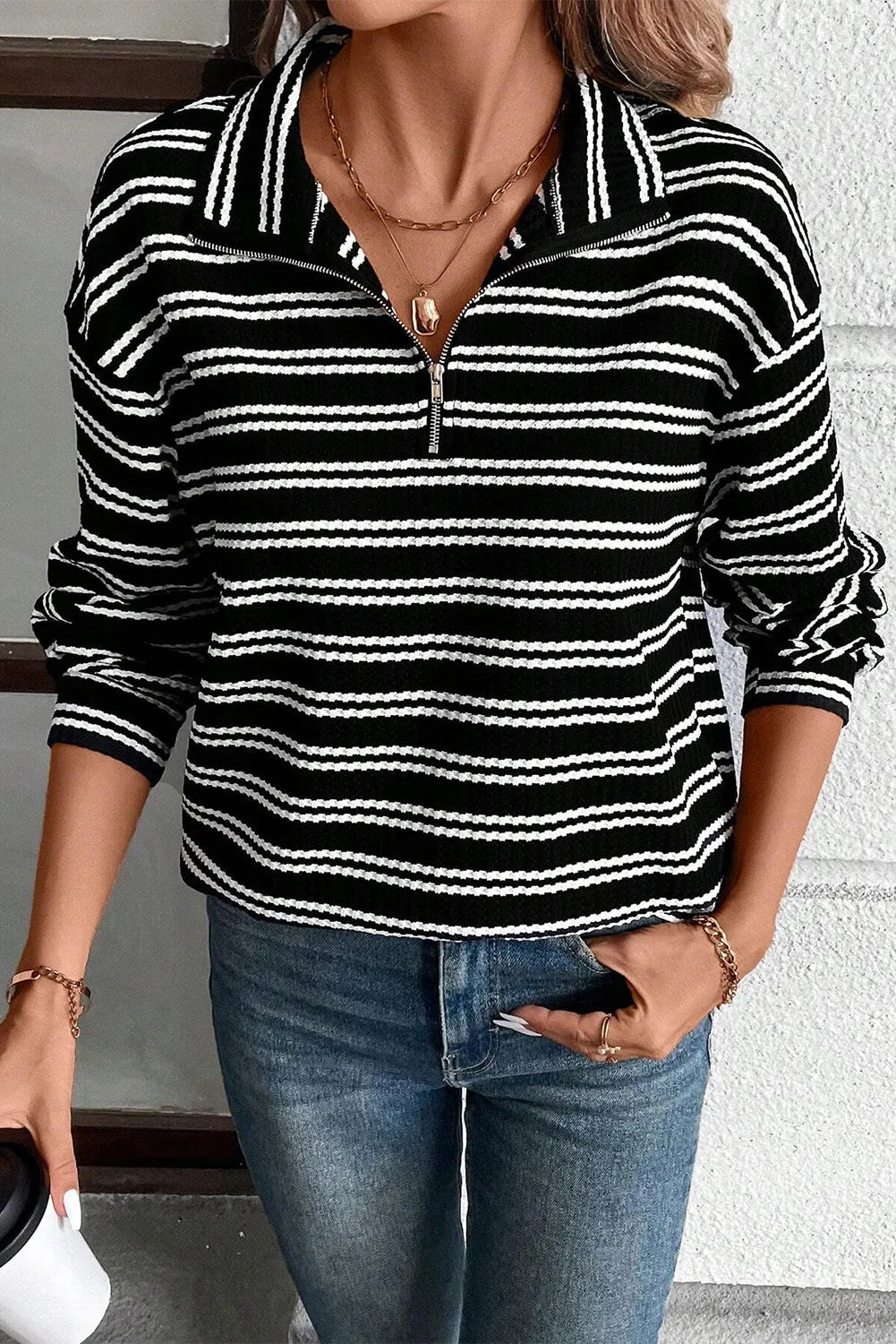 Black Stripe Textured Quarter Zip Collar Long Sleeve Top - Chic Meadow Boutique 