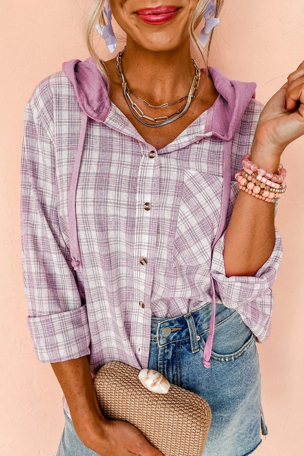 Outerwear/Plaid Shackets Pink / S / 65%Polyester+35%Cotton Pink Checkered Print Loose Fit Buttoned Hooded Shacket