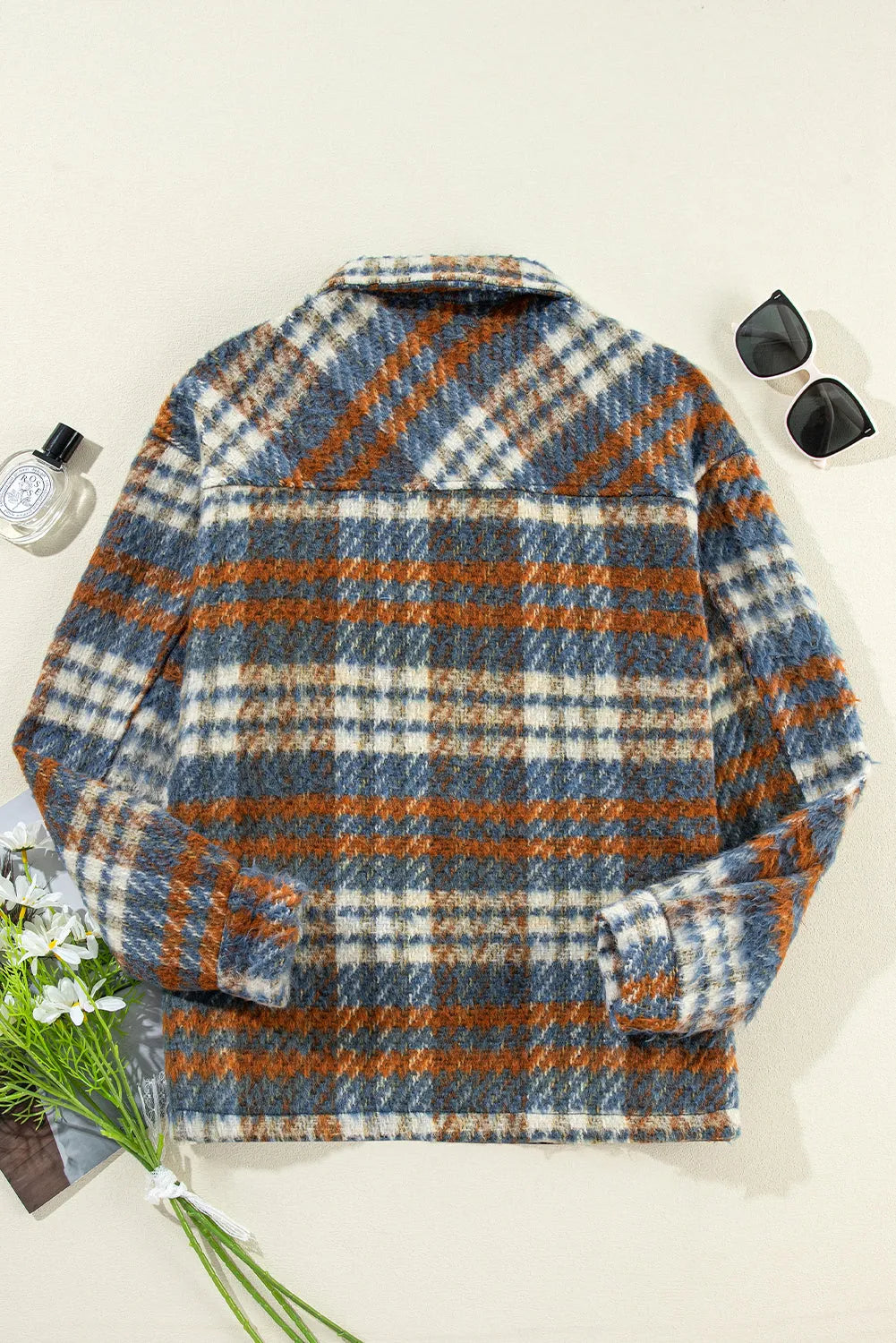 Cinnamon Plaid Print Chest Pockets Turn Down Collar Shacket - Chic Meadow Boutique 