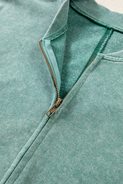 Evergreen Mineral Washed Zip Open-Front Jacket Style Cotton Sweatshirt