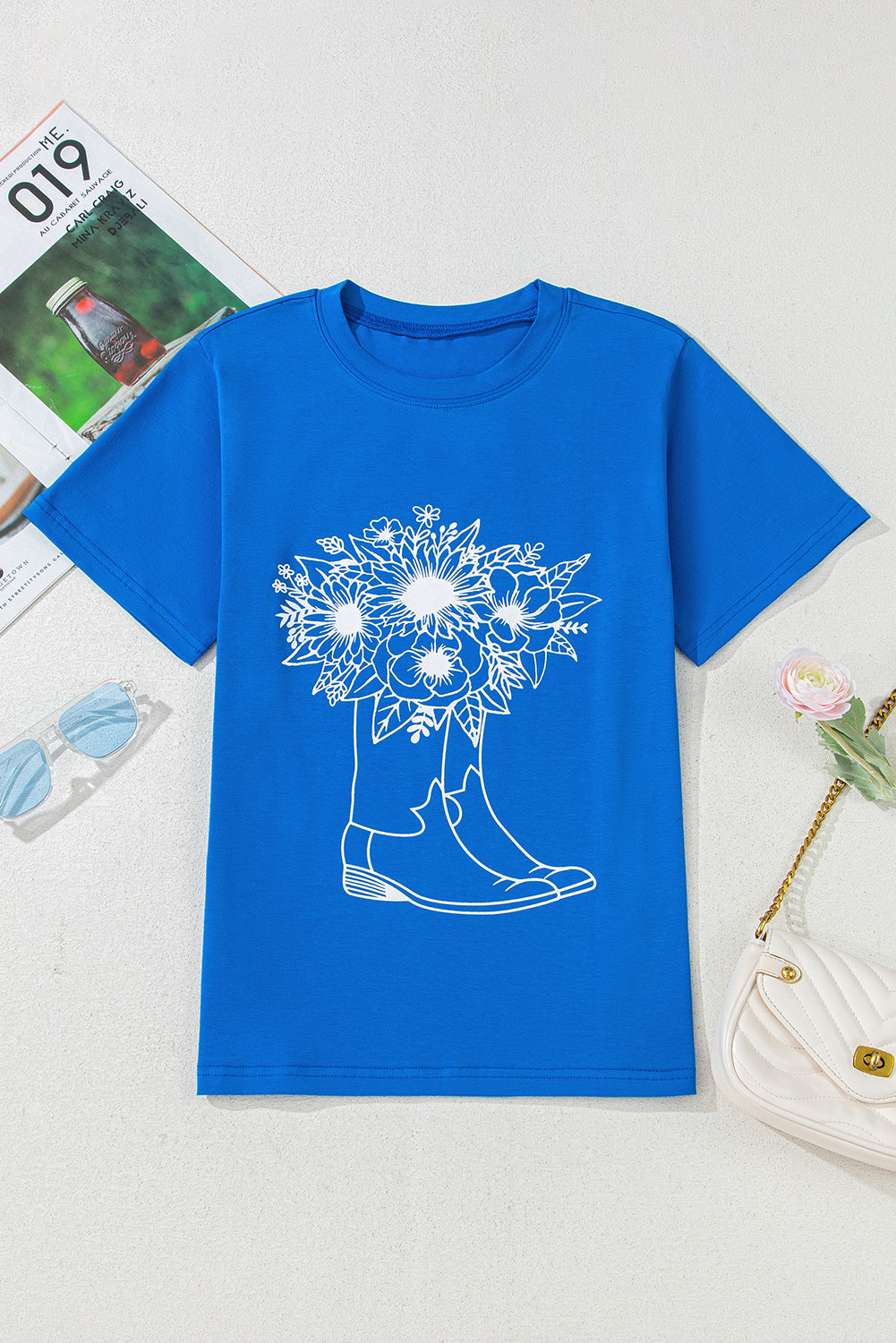 Blue Sunflower Boots Graphic Western Fashion T Shirt