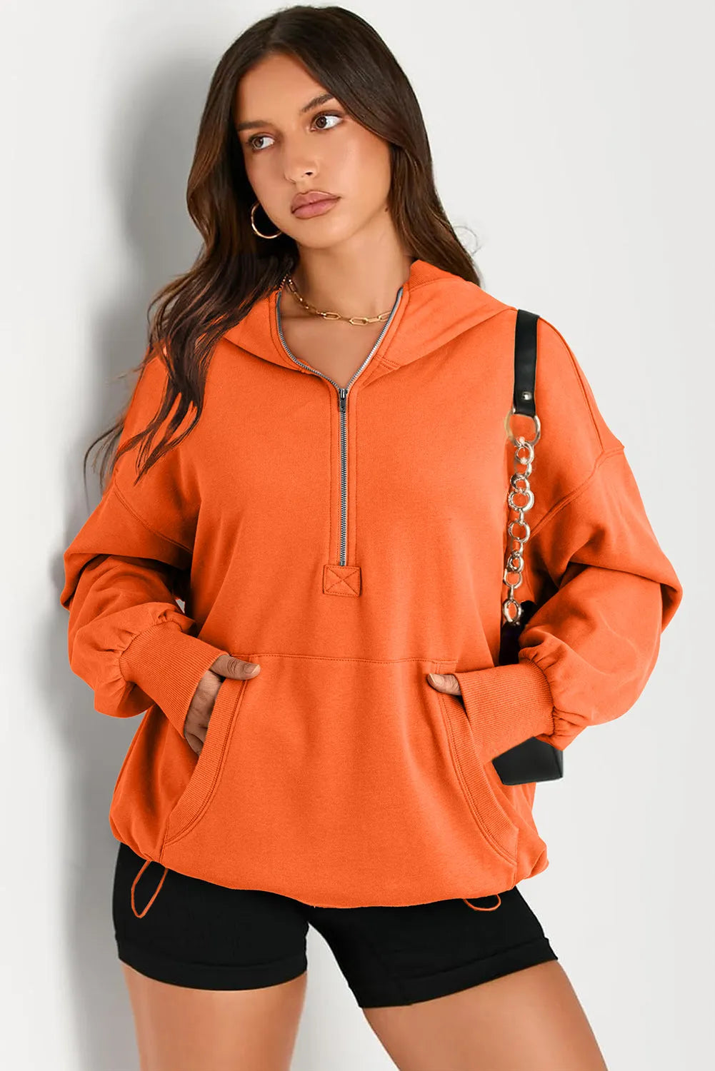 Orange Solid Kangaroo Pocket Half Zipper Oversized Hoodie - Chic Meadow Boutique 