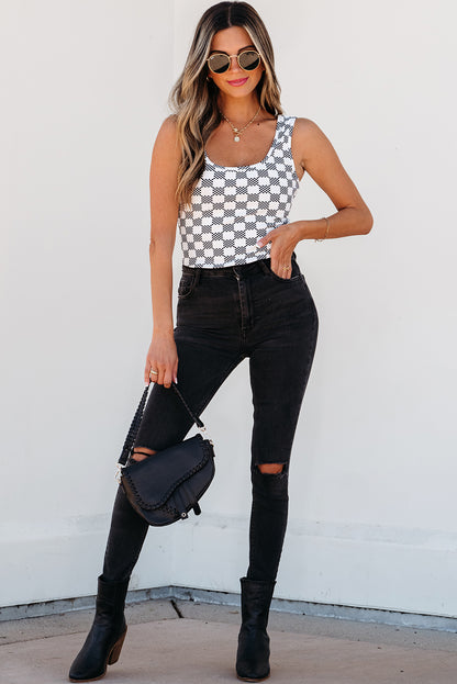 Black Checkered Print U Neck Cropped Tank Top