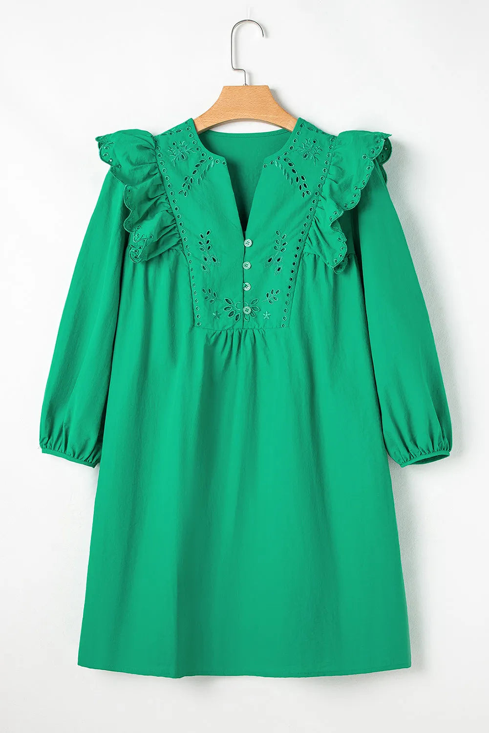 Bright Green Embroidered Ruffled Trim 3/4 Sleeve V Neck Mini Dress - Chic Meadow Boutique 