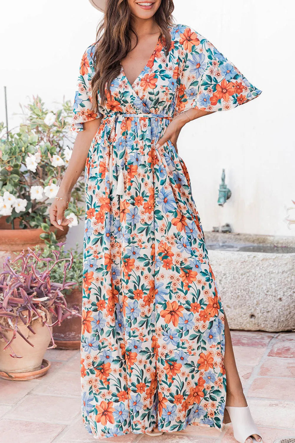 Sky Blue Floral Print Wrap Belted Maxi Dress - Chic Meadow Boutique 