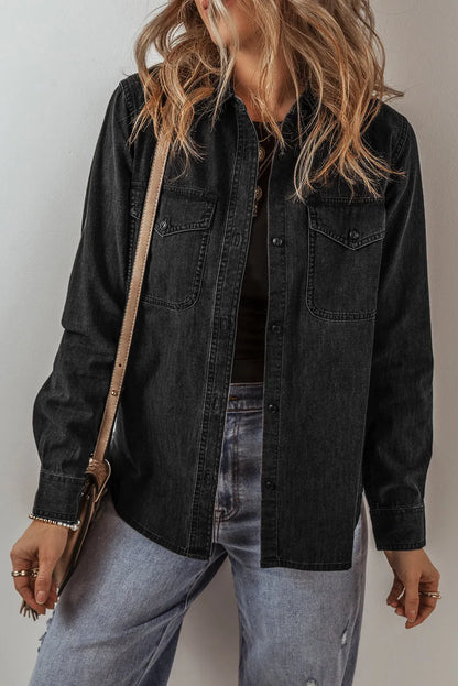 Black Flap Pocket Buttons Collared Jean Jacket - Chic Meadow Boutique 