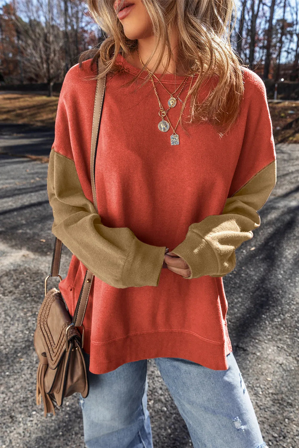 Tops/Sweatshirts & Hoodies Gold Flame Two Tone Patchwork Drop Shoulder Pullover Sweatshirt