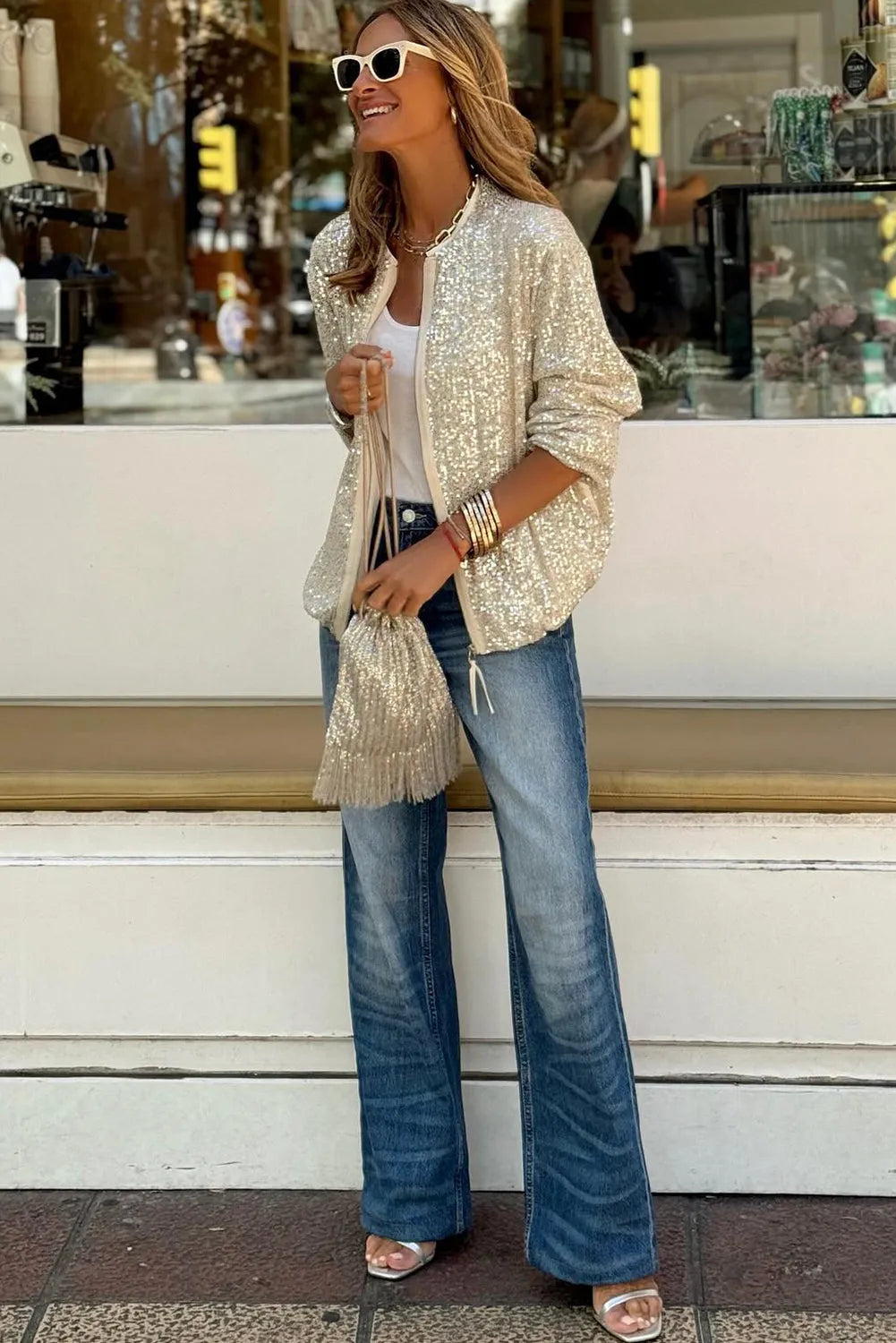 Apricot Sequin Zip up Round Neck Long Sleeve Jacket - Chic Meadow Boutique 