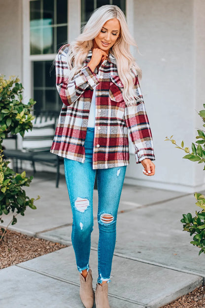 Fiery Red Geometric Plaid Print Pocketed Shacket - Chic Meadow Boutique 