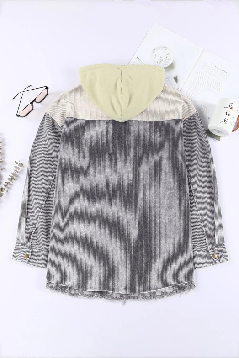 Gray Color Block Button Down Hooded Corduroy Jacket - Chic Meadow Boutique 