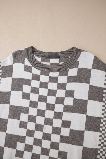 Gray Checkered Print Drop Shoulder Round Neck Sweater - Chic Meadow Boutique 