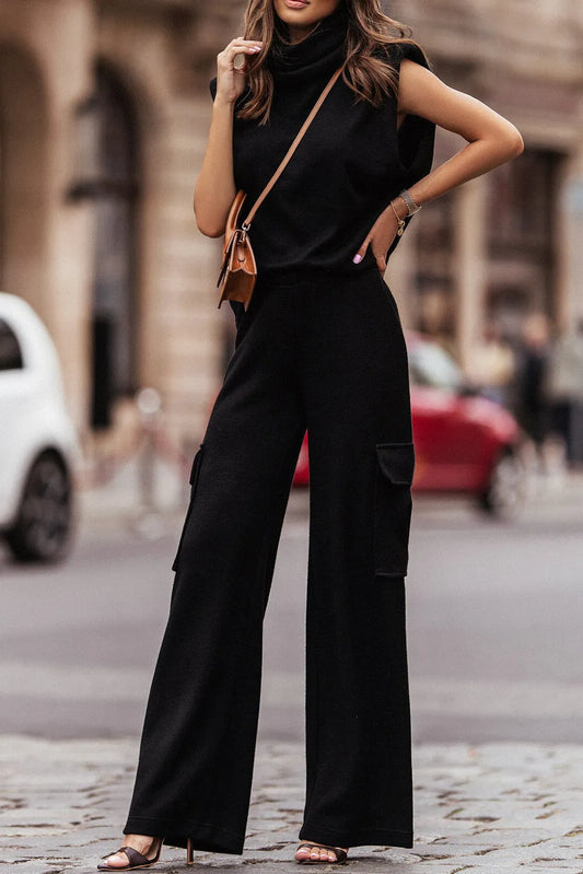 Black High Neck Sleeveless Vest and Cargo Pants Outfit - Chic Meadow Boutique 