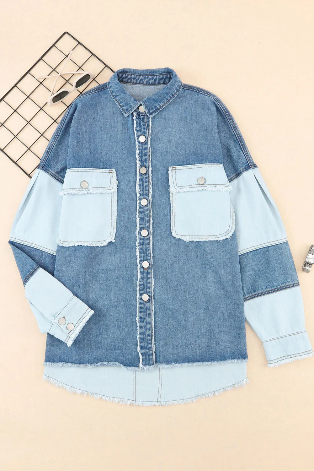 Blue Color Block Frayed Patchwork Oversize Denim Jacket - Chic Meadow Boutique 