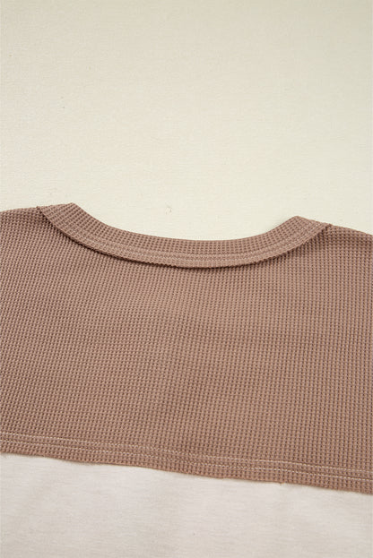 Jet Stream Color Block Waffled Patchwork Loose Henley Top