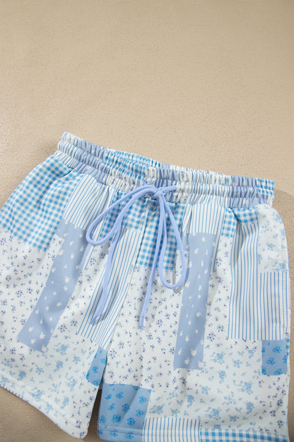 Sky Blue Patchwork Floral Print Drop Shoulder Baggy Pullover Drawstring Shorts Set